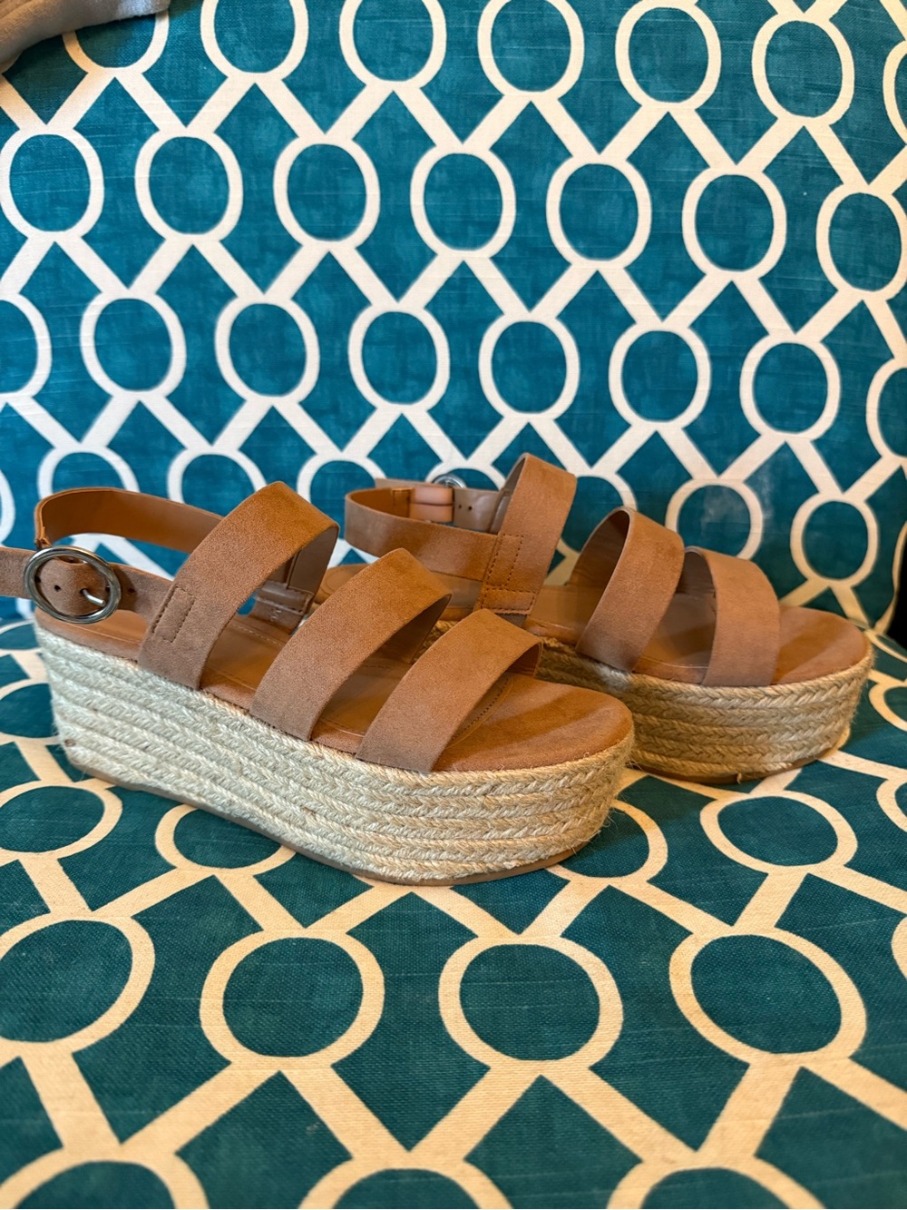 Bamboo Tan Faux Suede Platform Espadrille Sandals | Ankle Strap | Size 6 (EU 36)